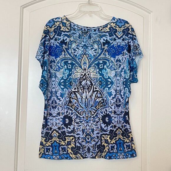 Chico's 0 Small Knit Top Shirt Blue Yellow Multi Crystals Studs V Neck Blouse - Picture 6 of 8